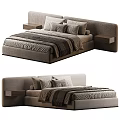 Modern Upholstered Double Bed With Wooden Nightstands And Decorative Pillows