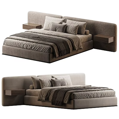 Modern Upholstered Double Bed With Wooden Nightstands And Decorative Pillows 3d model