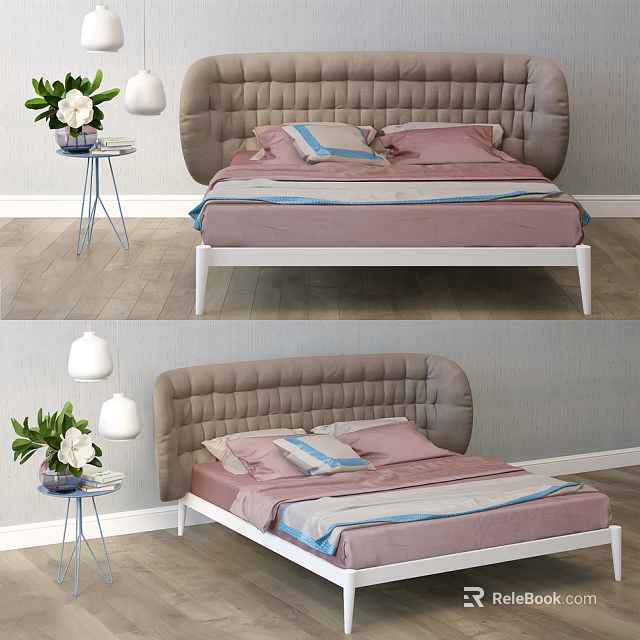 Modern Double Bed With Upholstered Headboard Pink Blue Pillows Side Table Green Plant And Lamp 3d model 