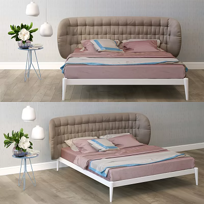 Modern Double Bed With Upholstered Headboard Pink Blue Pillows Side Table Green Plant And Lamp 3d model