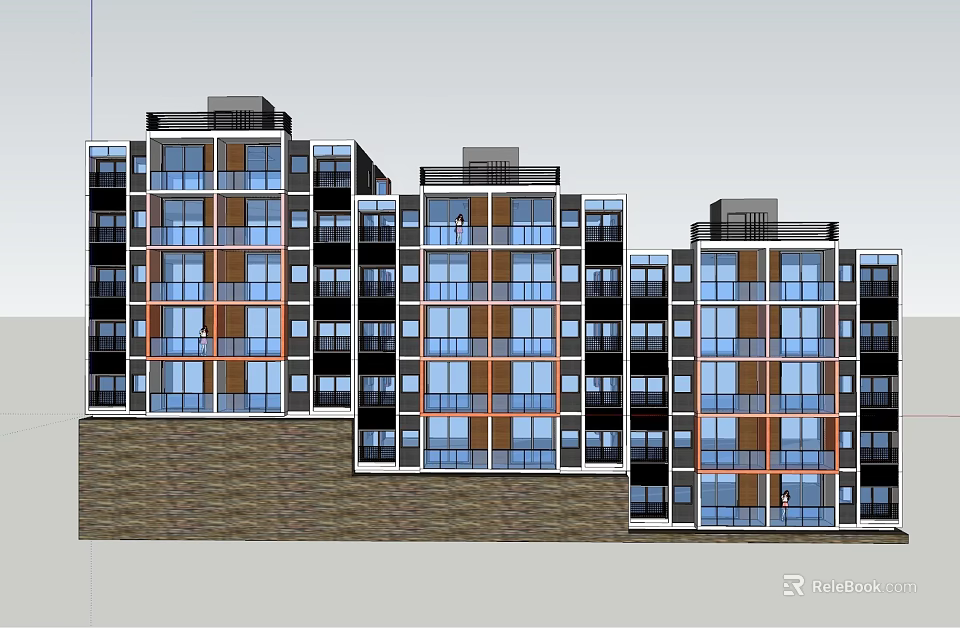 Modern Multi Story Apartment Building Exterior With Glass Windows And Slope Ground Design 3d model 