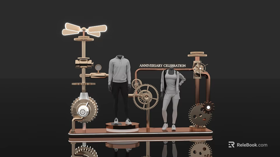 Elegant Anniversary Celebration Window Display with Sportswear Mannequins and Mechanical Gears 3d model 