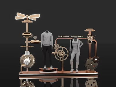 Elegant Anniversary Celebration Window Display with Sportswear Mannequins and Mechanical Gears 3d model
