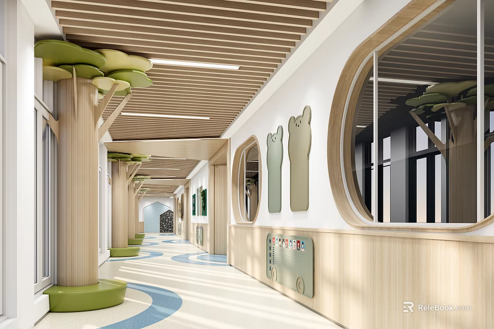 Elevator Corridor With Wooden Ceiling Green Seats Tree Shaped Pillars And Circular Windows 3d model 