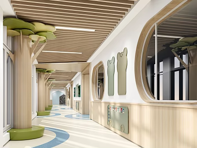 Elevator Corridor With Wooden Ceiling Green Seats Tree Shaped Pillars And Circular Windows 3d model