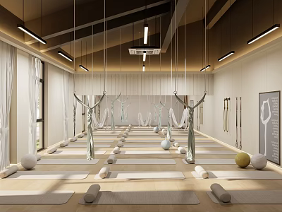 Spacious Yoga Studio With Hanging Hammocks Yoga Mats Mirrors And Natural Light 3d model
