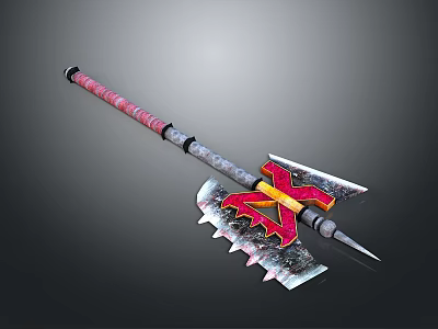 Decorative Battle Weapon With Serrated Axe Blade Red Yellow Accents And Spear Tip 3d model