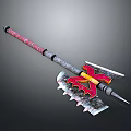 Decorative Battle Weapon With Serrated Axe Blade Red Yellow Accents And Spear Tip