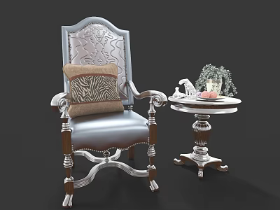 Classic Armchair With Carved Armrests Patterned Backrest Wooden Legs And Small Round Table Green Plant 3d model
