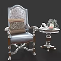 Classic Armchair With Carved Armrests Patterned Backrest Wooden Legs And Small Round Table Green Plant