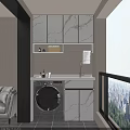Modern Bathroom Cabinet with Marble Countertop Sink Faucet Washing Machine Shelf and Window City View