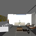 Modern Living Room Interior With White Sofa Beige Armchairs Coffee Table And Yellow Painting