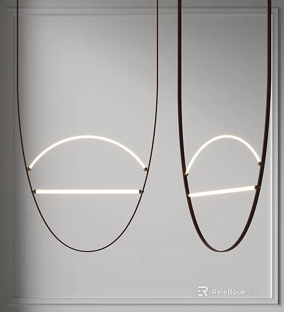 Two Modern Chandeliers with Black Frames And White Curved Light Strips Hanging Against White Background 3d model 