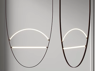 Two Modern Chandeliers with Black Frames And White Curved Light Strips Hanging Against White Background 3d model
