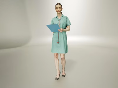 Woman in Light Green Dress Holding Blue Folder Standing in Plain Light Background 3d model