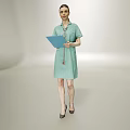 Woman in Light Green Dress Holding Blue Folder Standing in Plain Light Background
