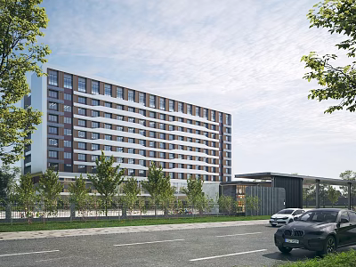 Modern Office Building Exterior With Glass Windows Lush Trees Front Road And Parked Cars 3d model
