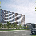Modern Office Building Exterior With Glass Windows Lush Trees Front Road And Parked Cars