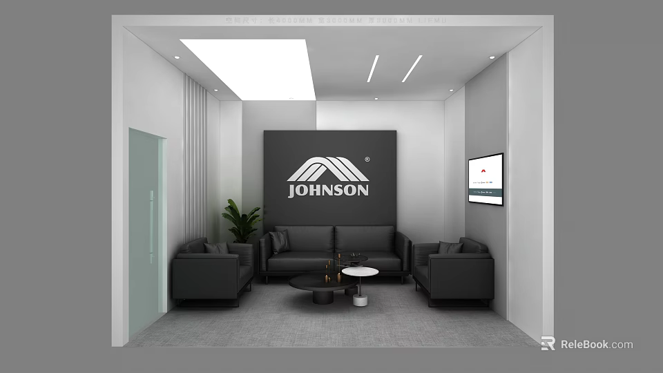 Modern Lounge Area Interior Design With Black Sofas Coffee Tables Plant And TV Screen 3d model 