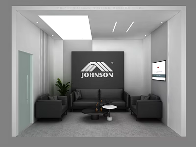 Modern Lounge Area Interior Design With Black Sofas Coffee Tables Plant And TV Screen 3d model