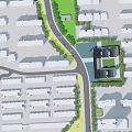 Birds Eye View Planning of Modern Building Complex With Courtyard Green Trees and Road Layout