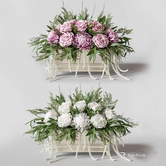Elegant Pink Purple White Flower Arrangements in Decorative Vases with Greenery and Pearl Tassels 3d model 