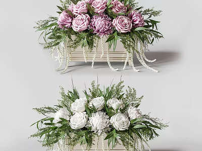 Elegant Pink Purple White Flower Arrangements in Decorative Vases with Greenery and Pearl Tassels 3d model