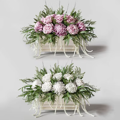 Elegant Pink Purple White Flower Arrangements in Decorative Vases with Greenery and Pearl Tassels 3d model
