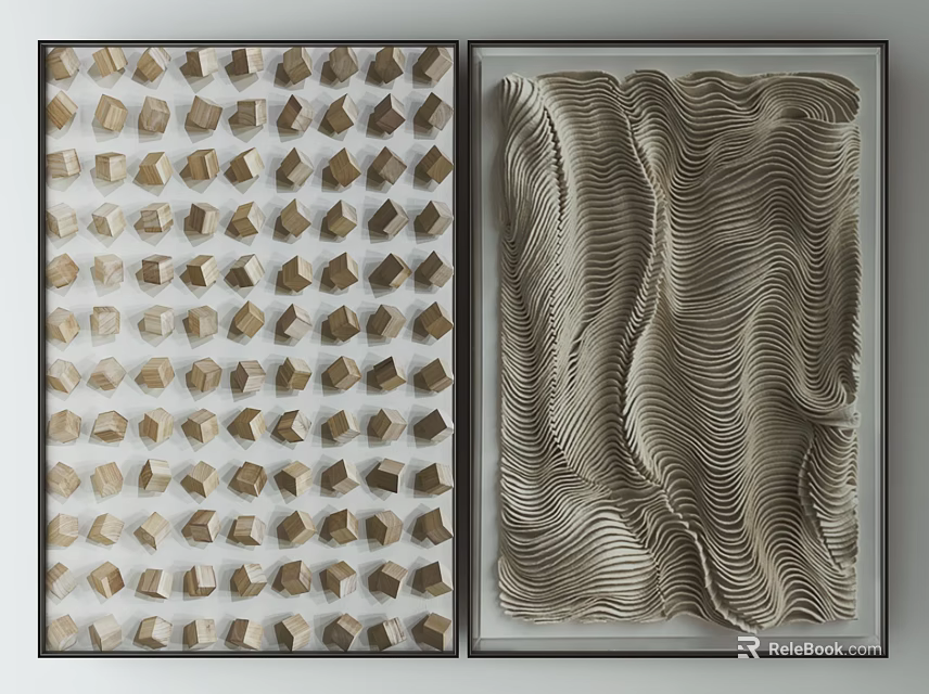 Two Decorative Wall Art Pieces With Geometric Cube And Wavy Texture Design In Brown Tones 3d model 