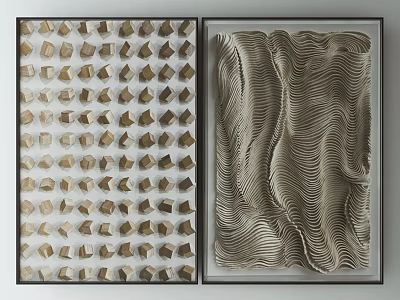 Two Decorative Wall Art Pieces With Geometric Cube And Wavy Texture Design In Brown Tones 3d model