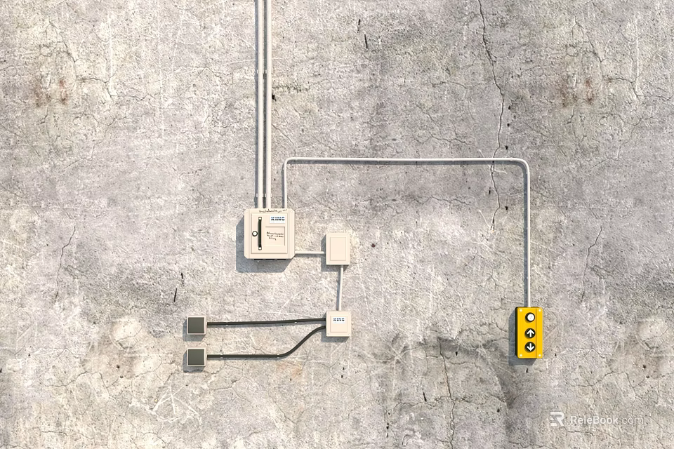 Industrial Equipment On Gray Concrete Wall With Wired Connections White Box Yellow Button And Fixtures 3d model 