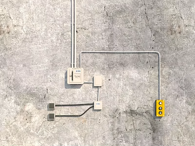 Industrial Equipment On Gray Concrete Wall With Wired Connections White Box Yellow Button And Fixtures 3d model