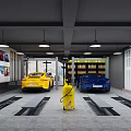 Modern 4S Dealership Showroom With Blue Yellow Cars Yellow Grid Floor And Honeycomb Ceiling Lights