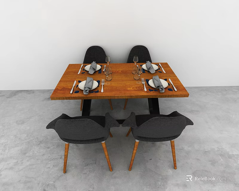 Modern Rectangular Wooden Dining Table Set With Four Gray Chairs And Tableware 3d model