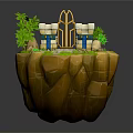 Golden Entrance Gate With Stone Towers Green Plants And Stone Pathway On Rocky Grass