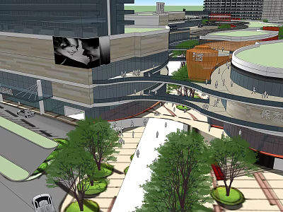 Modern Commercial Complex With Large Digital Screen Landscaped Gardens And Pedestrian Areas 3d model