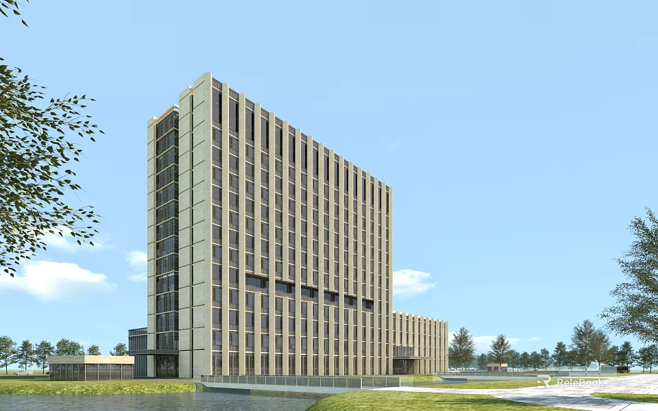 Modern Tall Office Building With Large Windows Green Lawn Trees And Water Feature 3d model 