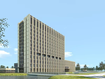 Modern Tall Office Building With Large Windows Green Lawn Trees And Water Feature 3d model