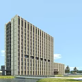 Modern Tall Office Building With Large Windows Green Lawn Trees And Water Feature