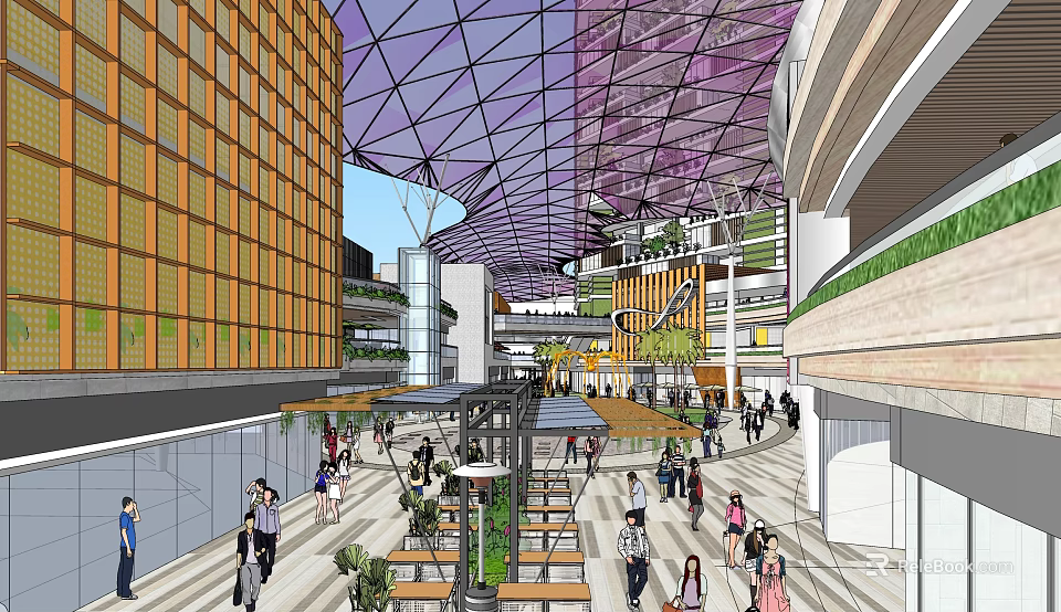 Modern Shopping Mall Hall With Glass Dome Ceiling Multi Level Structure And Pedestrians 3d model 