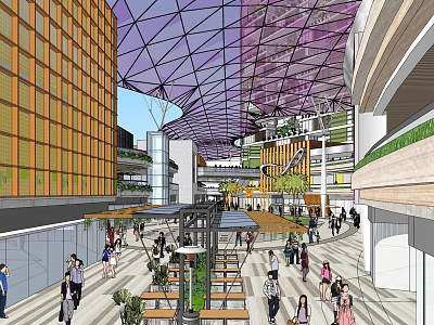 Modern Shopping Mall Hall With Glass Dome Ceiling Multi Level Structure And Pedestrians 3d model