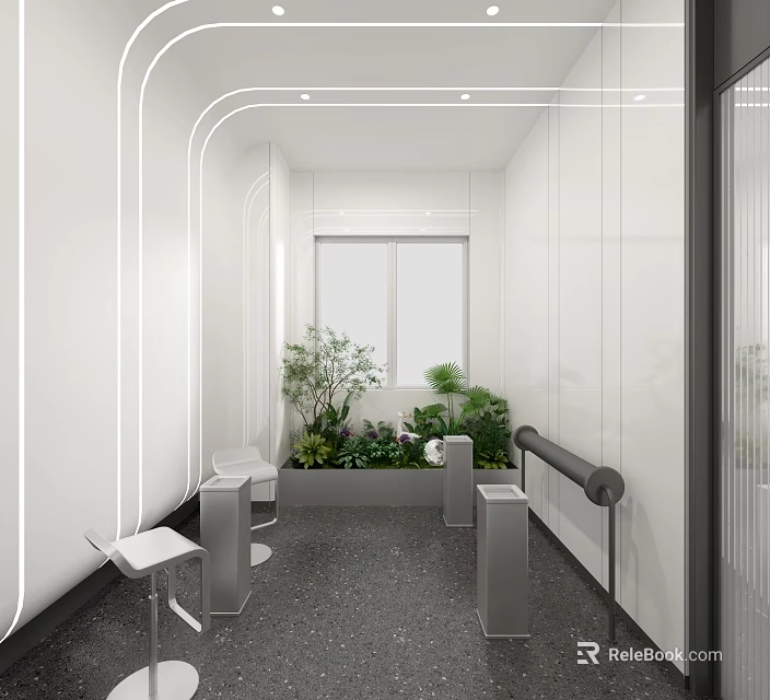 Bright Sleek Modern Public Toilet Interior Design With Indoor Green Plants And Accessible Handrails 3d model 