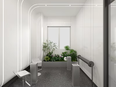 Bright Sleek Modern Public Toilet Interior Design With Indoor Green Plants And Accessible Handrails 3d model
