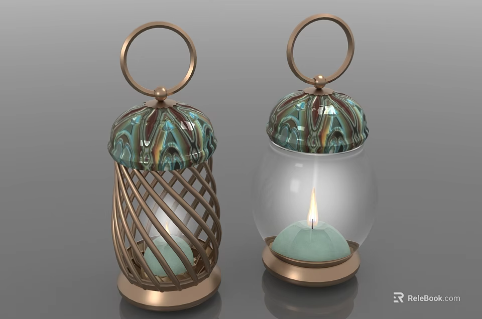 Two Decorative Lanterns Featuring Brass Frame Glass Body And Green Candle 3d model 