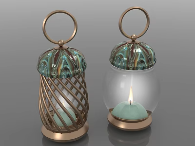 Two Decorative Lanterns Featuring Brass Frame Glass Body And Green Candle 3d model