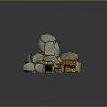 Rustic Rocky Cave Environment With Wooden Hut Rail Track Orange Object And Cave Entrance