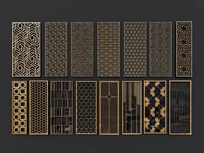 Multiple Modern Room Dividers With Gold Black Frames And Intricate Geometric Patterns 3d model