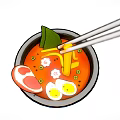 Delicious Ramen Bowl With Soft Boiled Eggs Sliced Meat Vegetables And Chopsticks Holding Noodles
