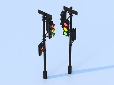 Two Traffic Lights Standing With Different Colored Signals On Blue Background 3d model