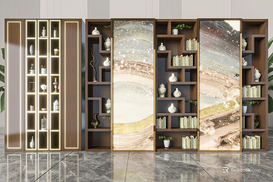 Wooden Decorative Cabinet With Glass Panel Doors And Open Shelves Holding Vases And Books 3d model 